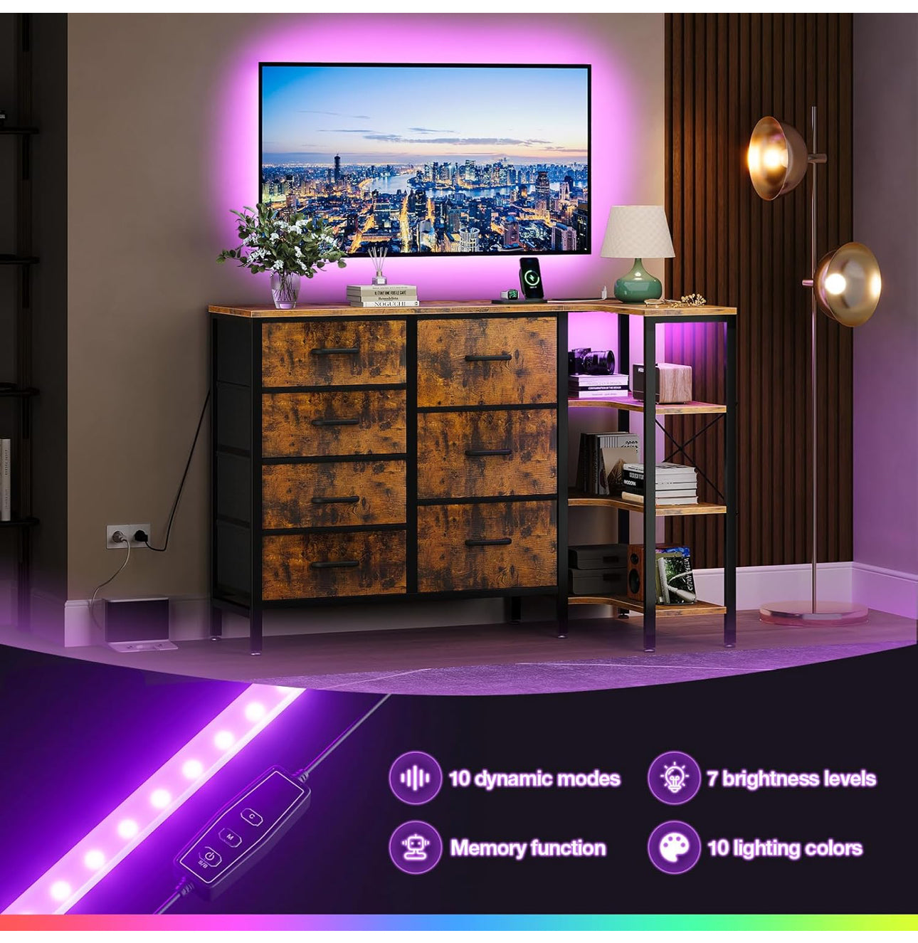 Corner Chest of Drawers Bedroom, Storage Dresser with 7 Fabric Drawers - 2 USB and 2 AC Outlets and LED,