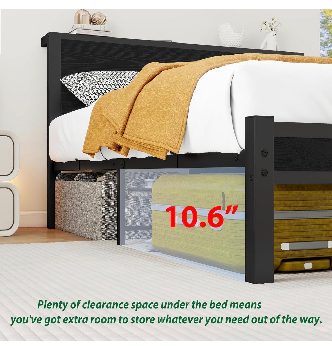 Double Bed Frame with Wooden Storage Shelf Headboard