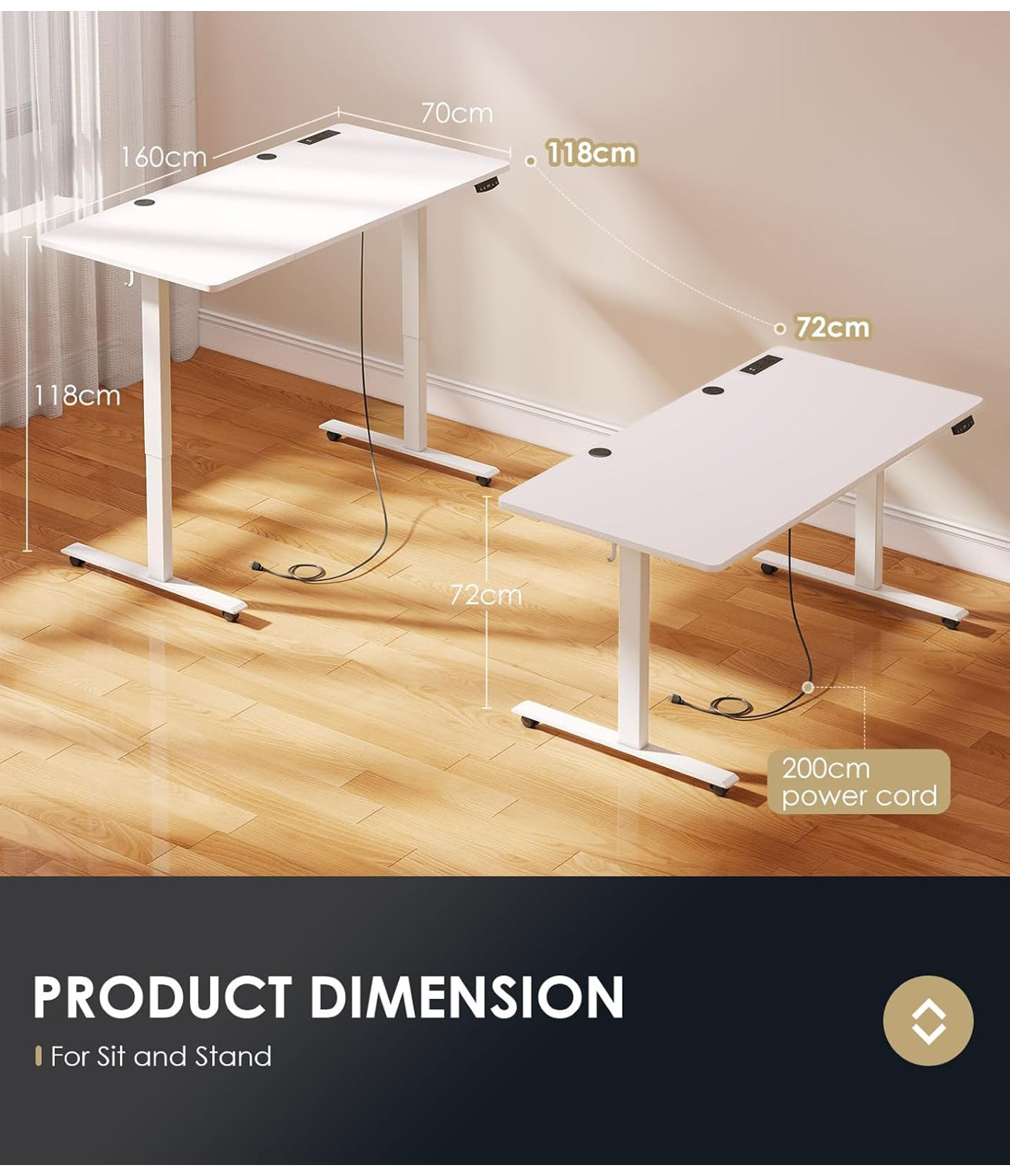 Height Adjustable Standing Desk 160x70cm