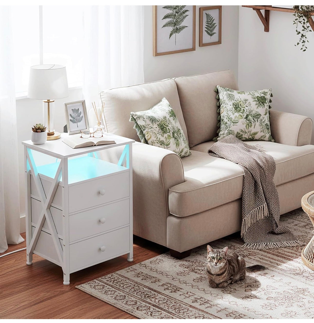 Bedside Table Set of 2 with Charging Station, Side Table with Led Lights, Bedside Cabinet with 3 Fabric Storage Drawers, End Table, Sofa Side Table, Nightstand for Living Room