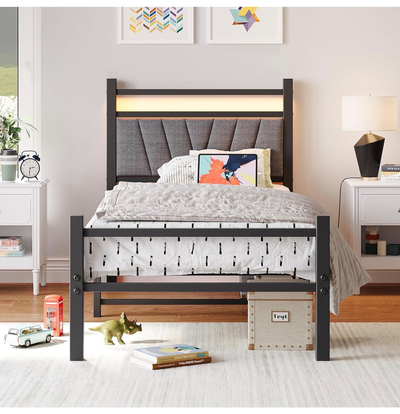 Bed frame with Headboard and USB Charging Station,Heavy Duty Bed Single Size with LED Lights