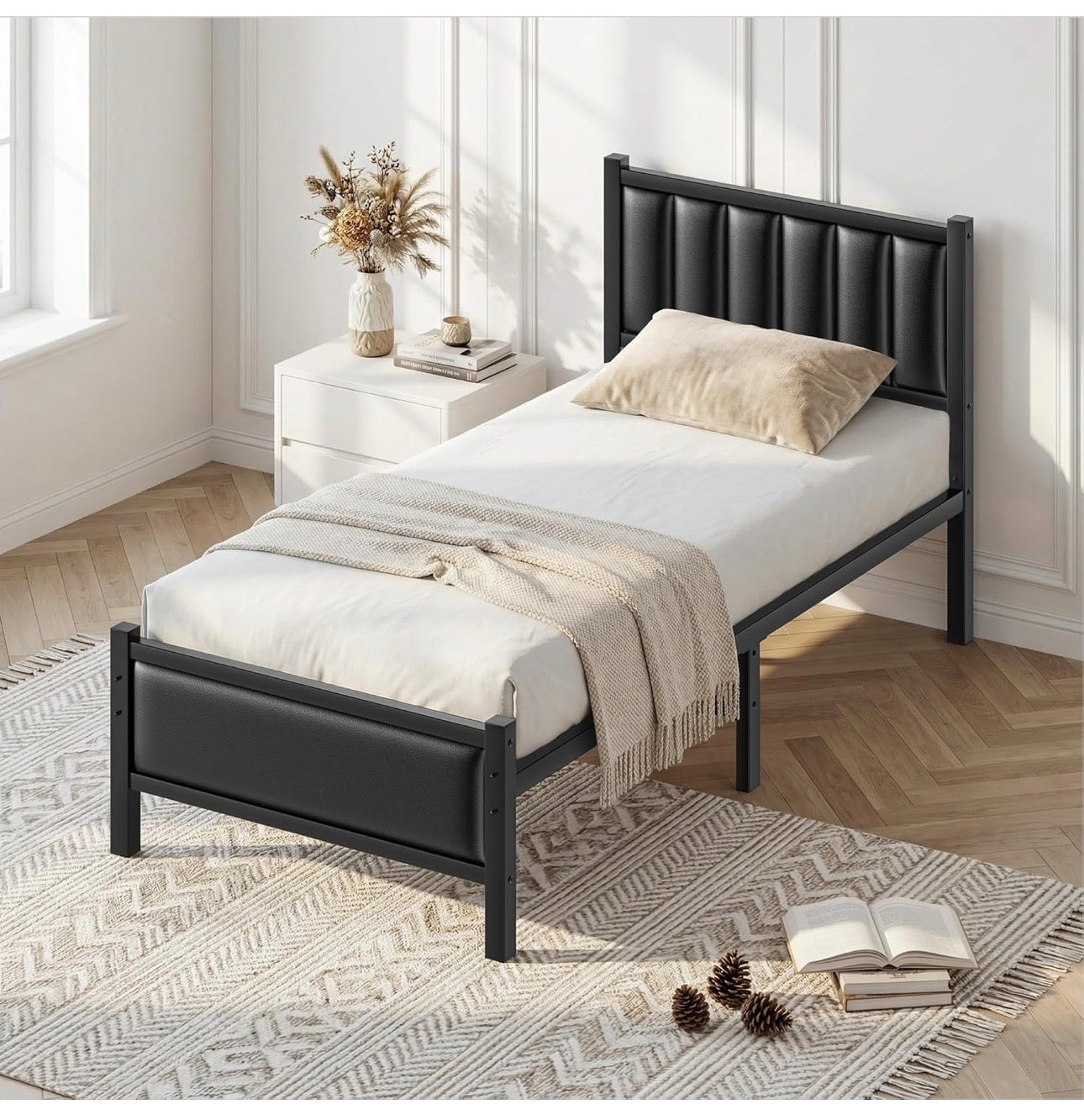 Single Bed Frame with Upholstered Headboard
