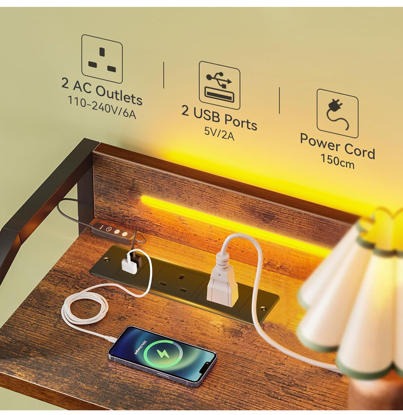 Chest of Drawers Bedroom, with LED Light trip with 10 Adjustable Colors and 2 USB and 2 AC Outlets