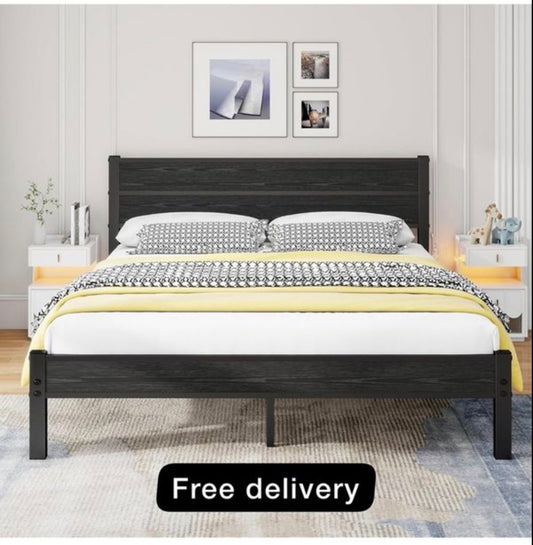 King Size Bed Frame with Wooden Headboard