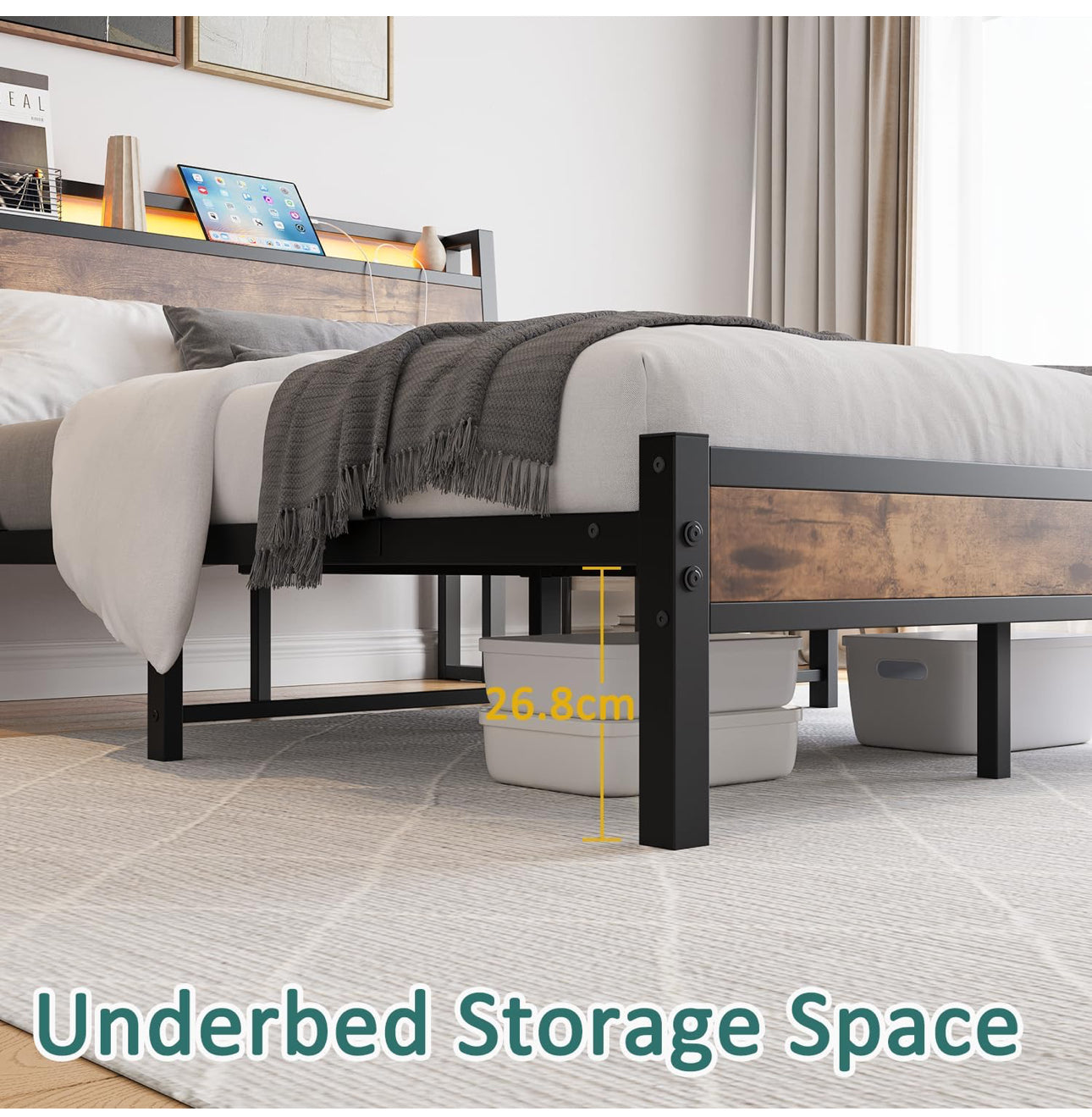 Double Size Bed Frame with Charging Station and LED