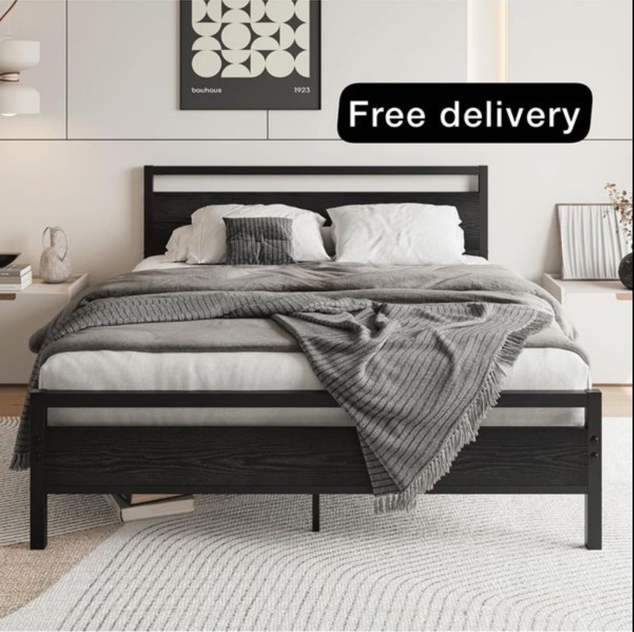 King Size Bed Frame with Wooden Headboard