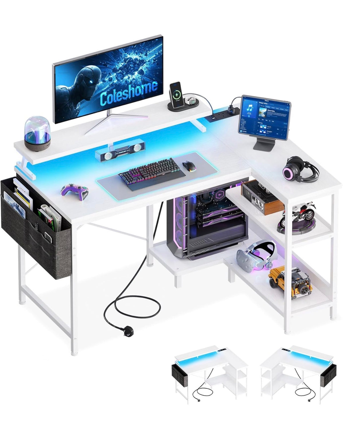 L Shaped Gaming Desk with LED Lights & Power Outlet, 100x70 cm