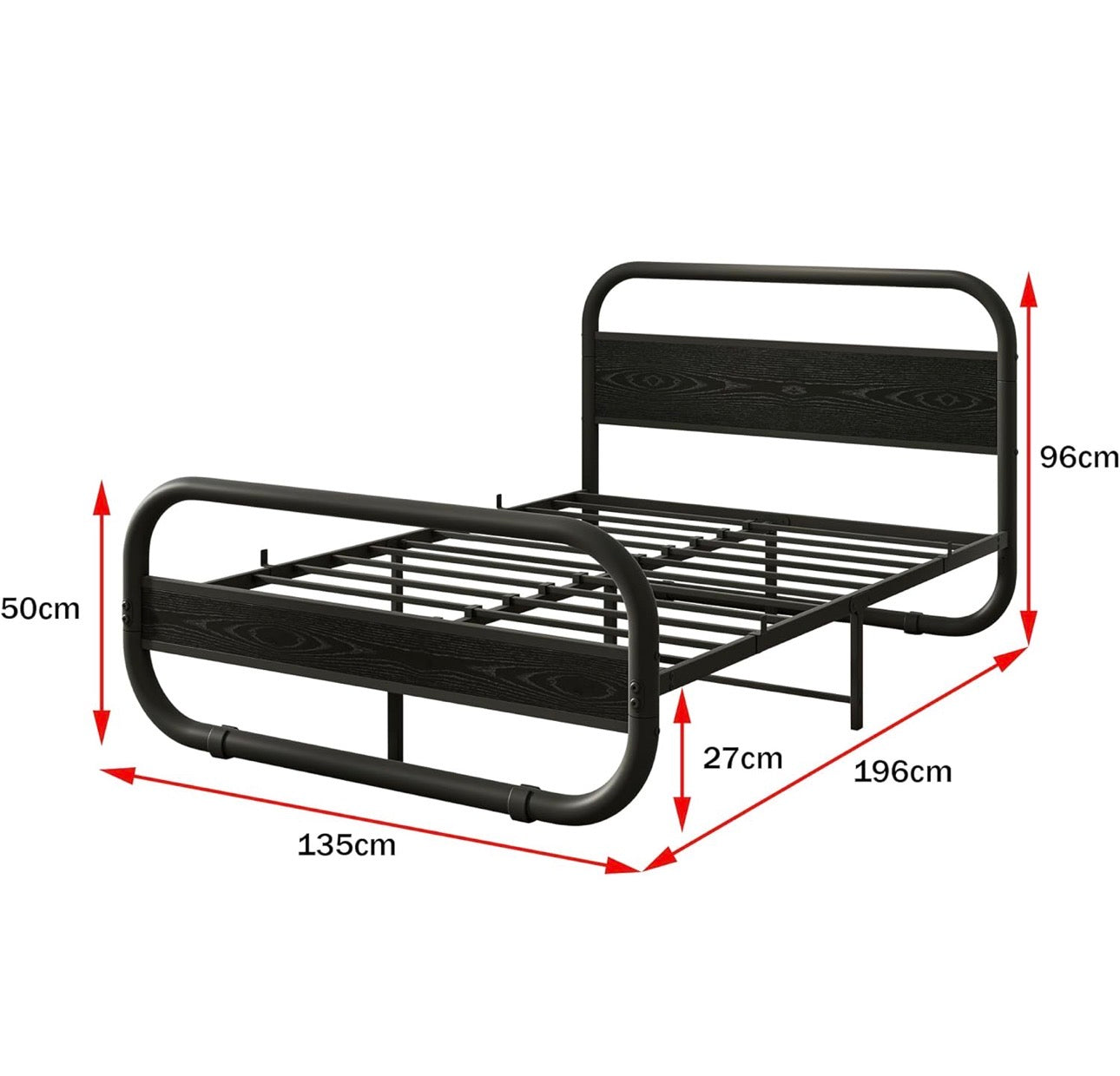 Double Size Bed Frame with Headboard,135x190 cm,Black | Oval-Shaped Platform Bed with Under-Bed Storage,Steel Slats Mattress Foundation Round Pipe Design,Enhanced Support Noise Free