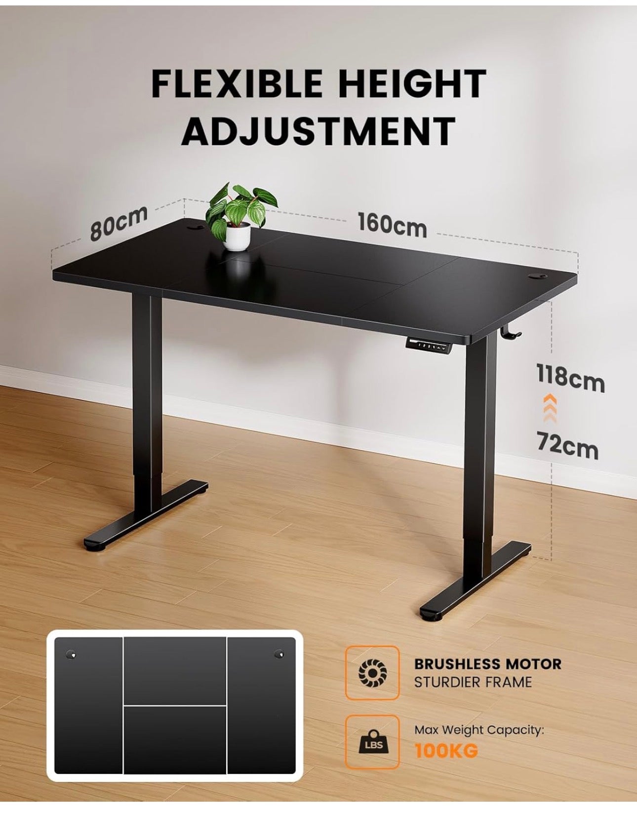 Electric Standing Desk with Advanced Brushless Motor, 160 x 80 cm