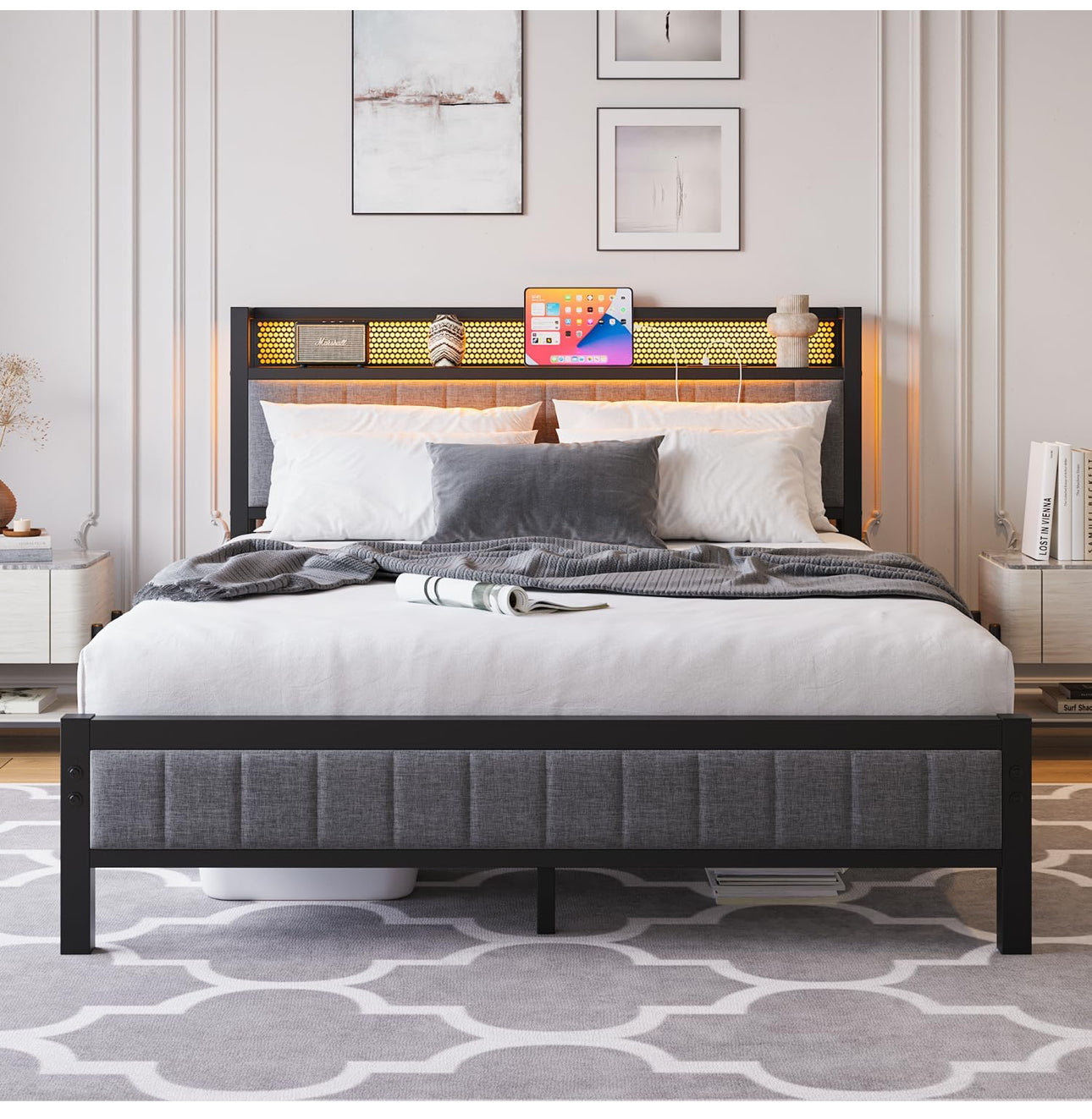 King Size Bed Frame with Upholstered Headboard, Wooden Storage Headboard Shelf, 5ft Upholstered Bed Frame Kingsize with Charging Station/USB Ports and LED Lights