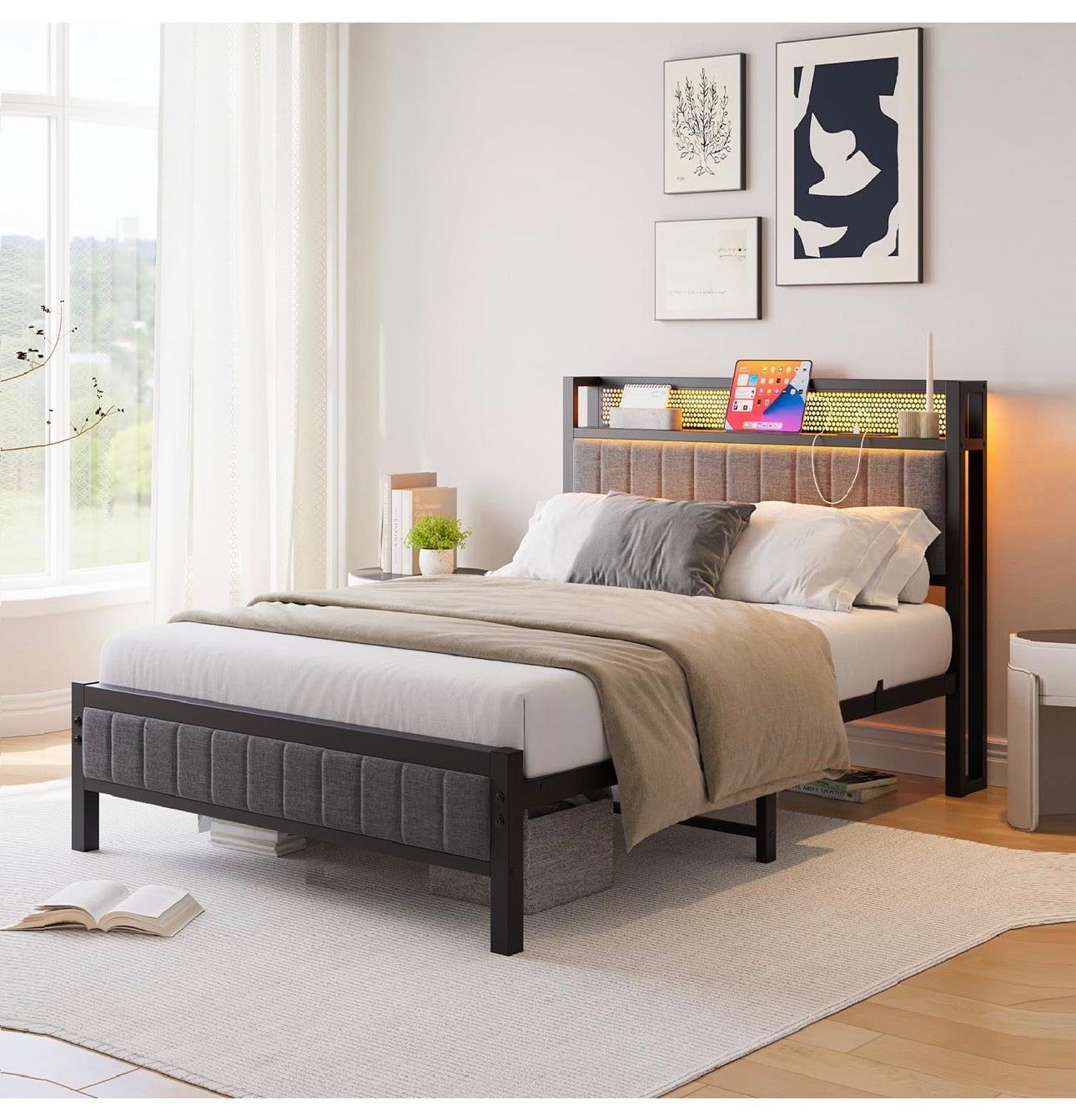 Single Bed Frame with Upholstered Headboard, Wooden Storage Headboard Shelf, 3ft Upholstered Bed Frame with Charging Station/USB Ports and LED Lights (Gray Single Bed)