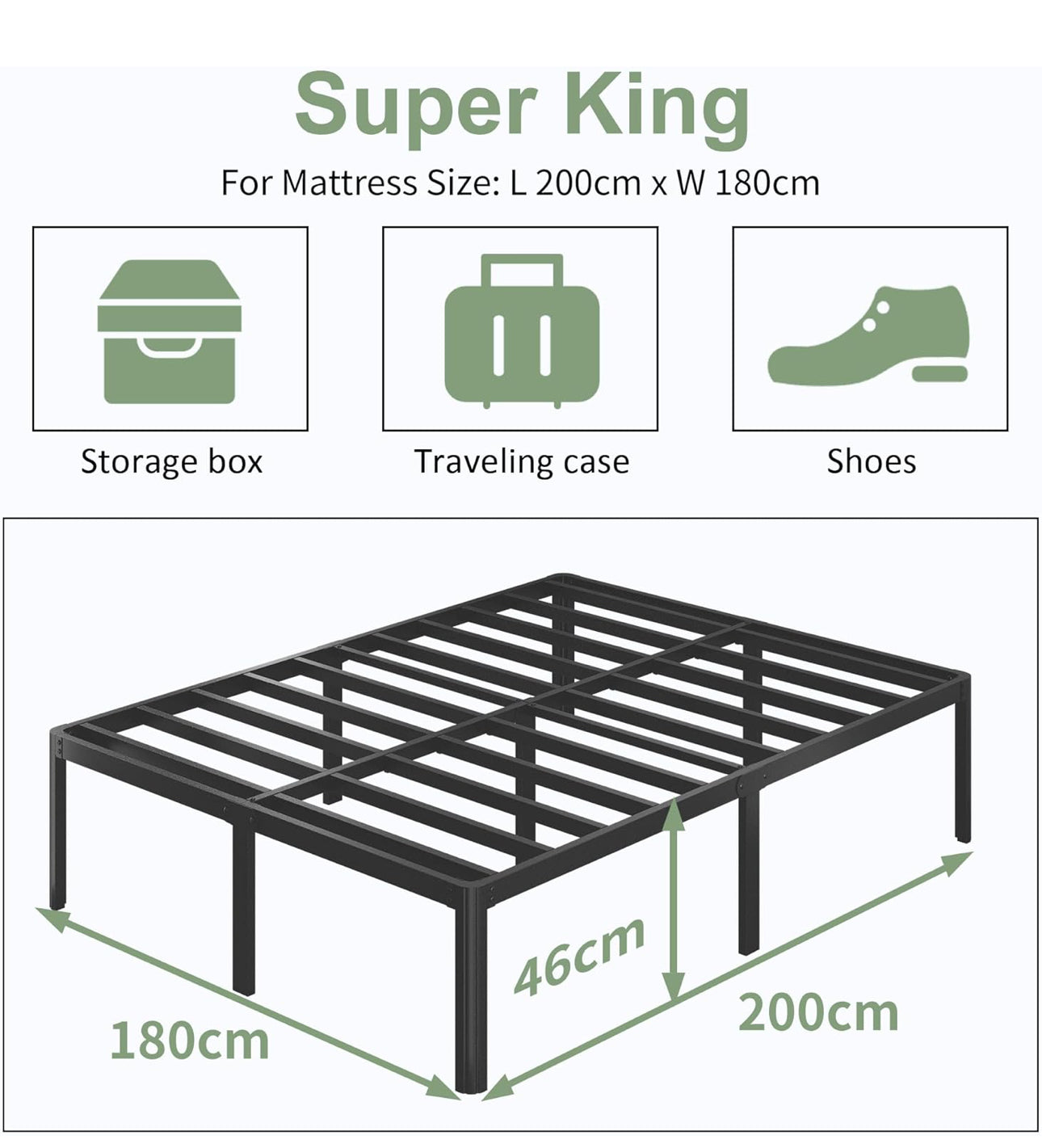 High Super King Bed Frame 6ft with Rounded Corner Legs, Heavy Duty Metal Super King Size Bed 180x200cm, Super King Size Bed 46 cm High, Noise Free, Easy Assembly