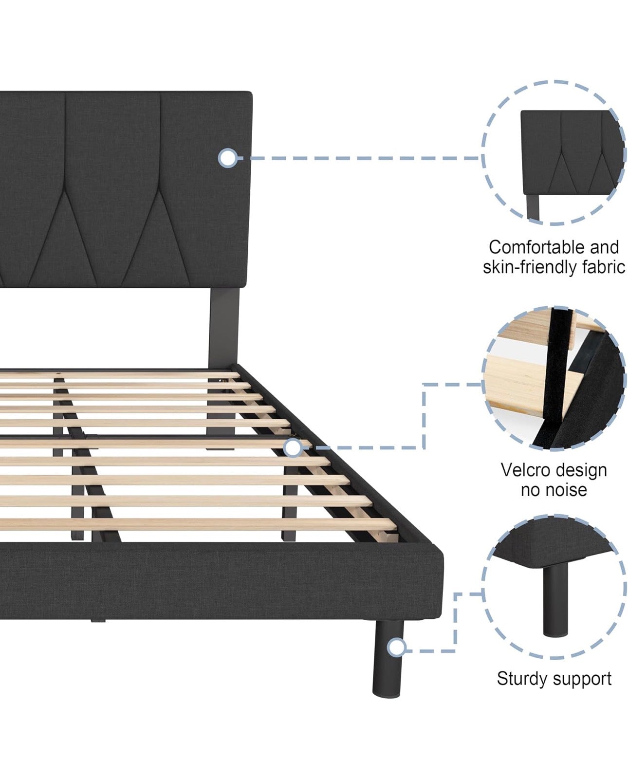 Small Double Bed Frame, Black, Upholstered Wooden Slat Bed Frame with Headboard