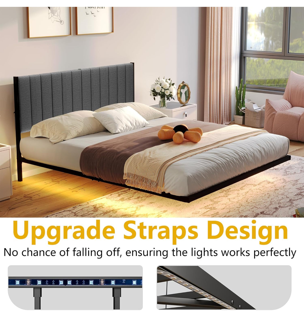 Double Bed Frame with Upholstered Headboard