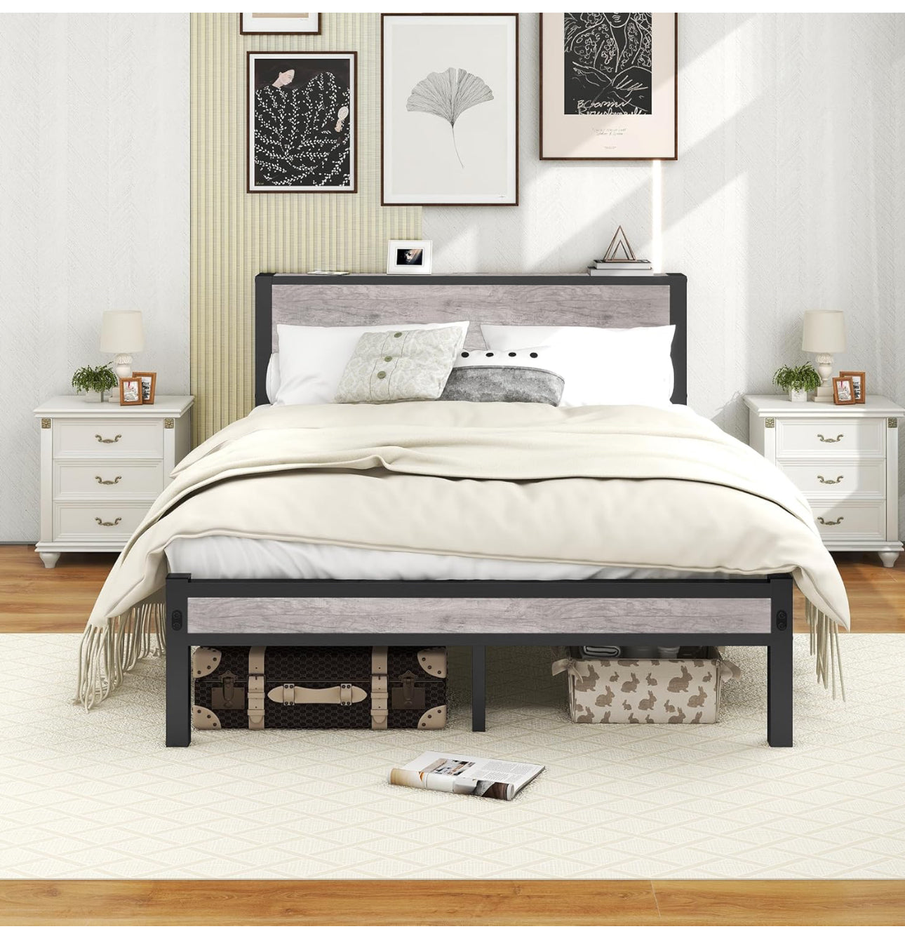 Double Bed Frames with Storage Wooden Headboard, Metal 4ft Bed.