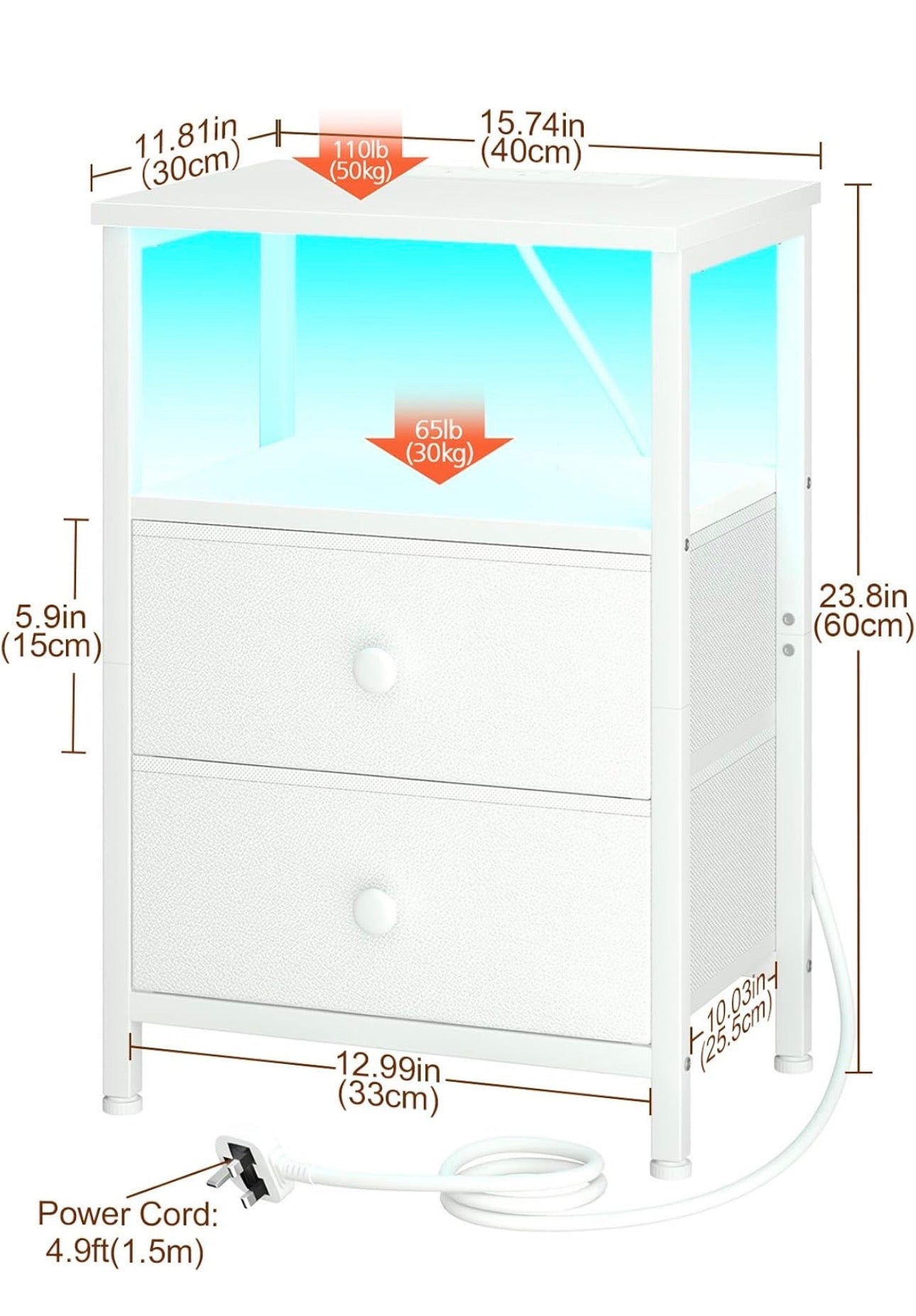 Bedside Table with Charging Station, Side Table with LED Light, Nightstand with 2 Fabric Drawers and Open Storage Shelf, Small Bedside Cabinet for Living Room, Bedroom, White