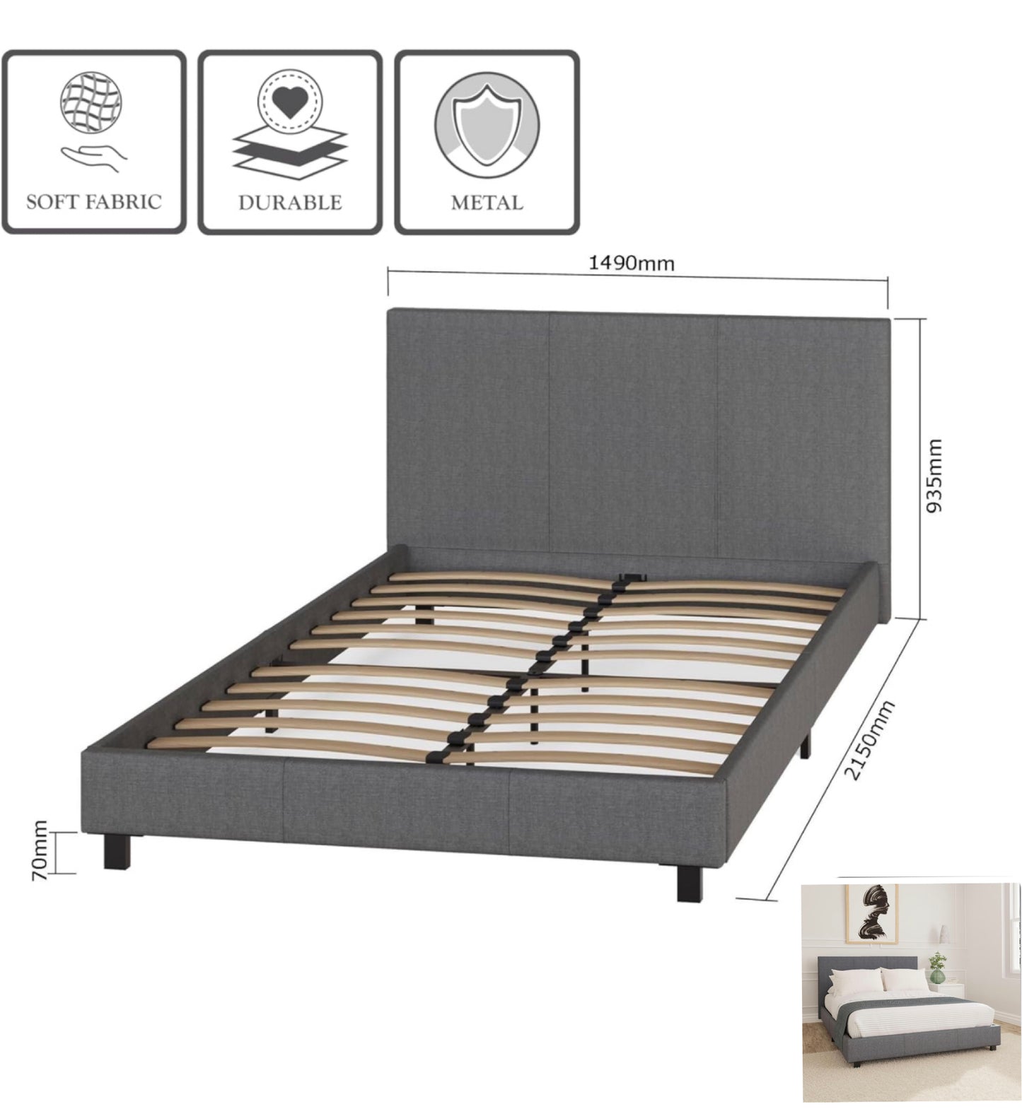 Double Bed Frame, 4ft 6 Double Bed with Headboard