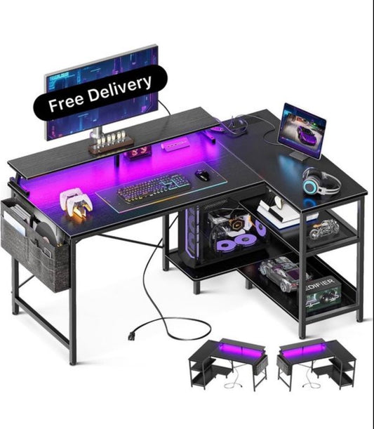 L Shaped Gaming Desk with LED Lights, 120 × 80 cm Computer Desk with Power Outlet, Reversible Corner Gaming Table with Storage Shelves & Monitor Stand, Black