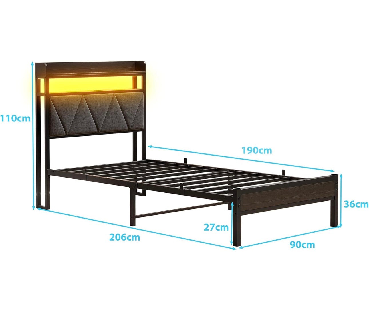 3ft Single Bed Frame with LED Lights Storage Upholstered Headboard and Charging Station