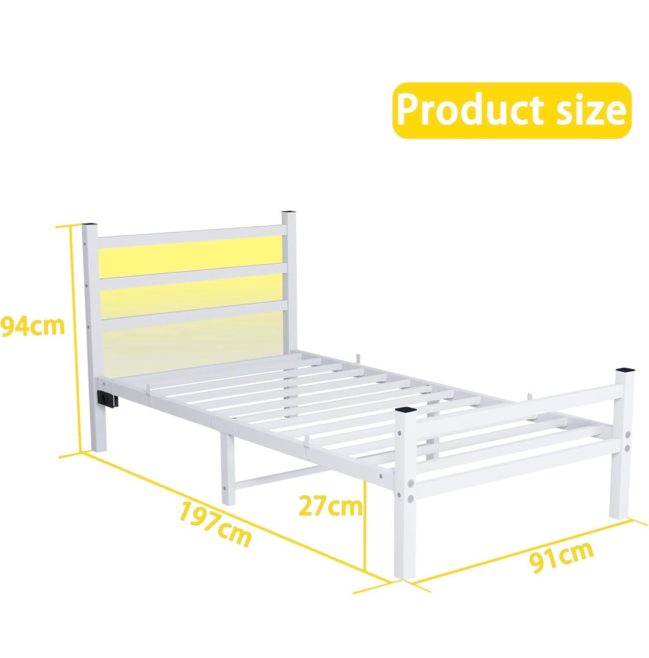 Single Bed Frame with Headboard&LED Lights,Heavy Duty Metal Platform Bed Frame Single with Charging Station,3ft Bed Base with Strong Slats Support,UnderBed Storage,Easy Assembly,White