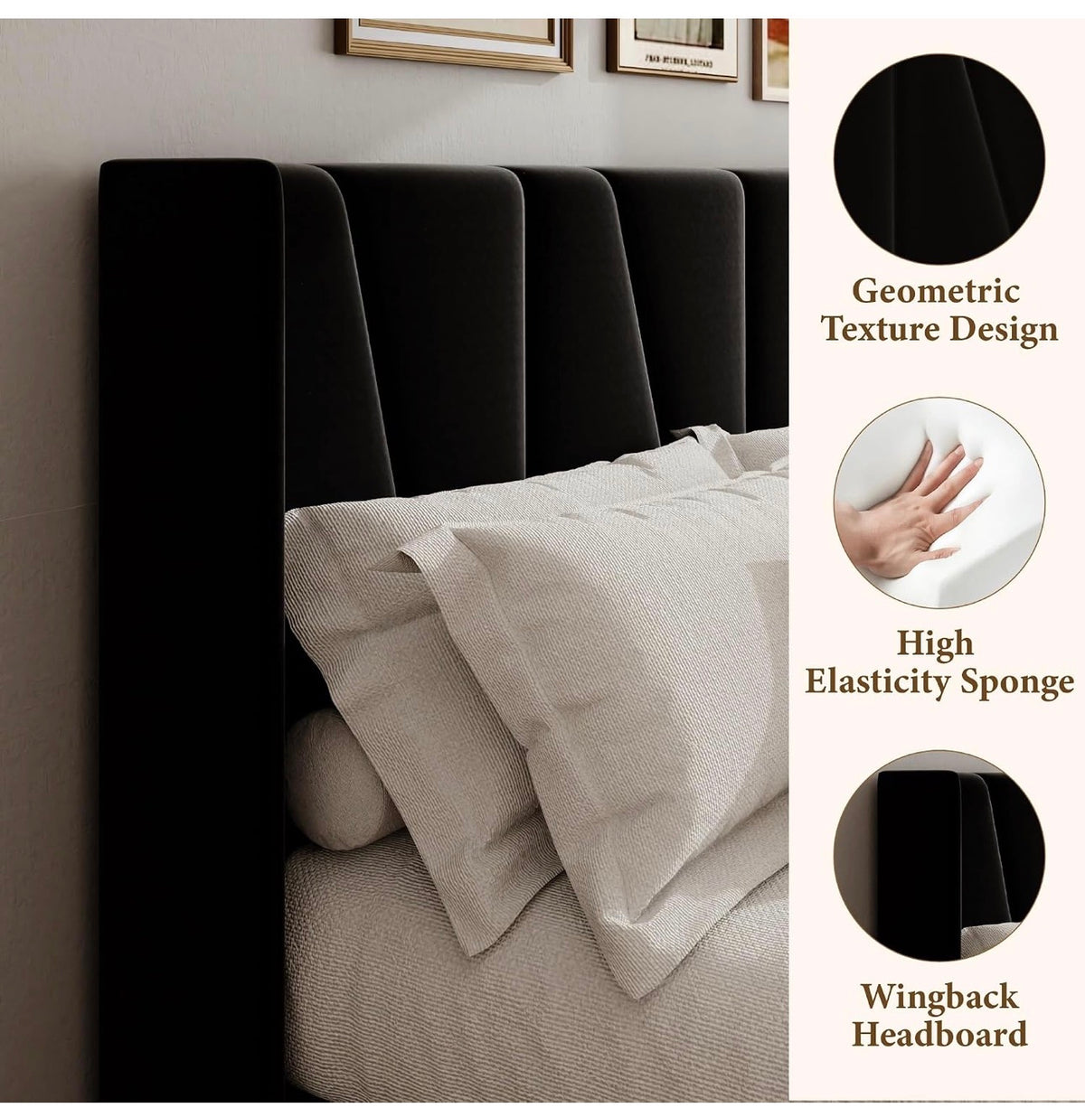 Double Bed Frame with Headboard, Velvet Geometric Tufted Upholstered Platform Bed Frames, Contemporary Mattress Foundation, No Box Spring Needed, Noise Free, Easy Assembly, Black