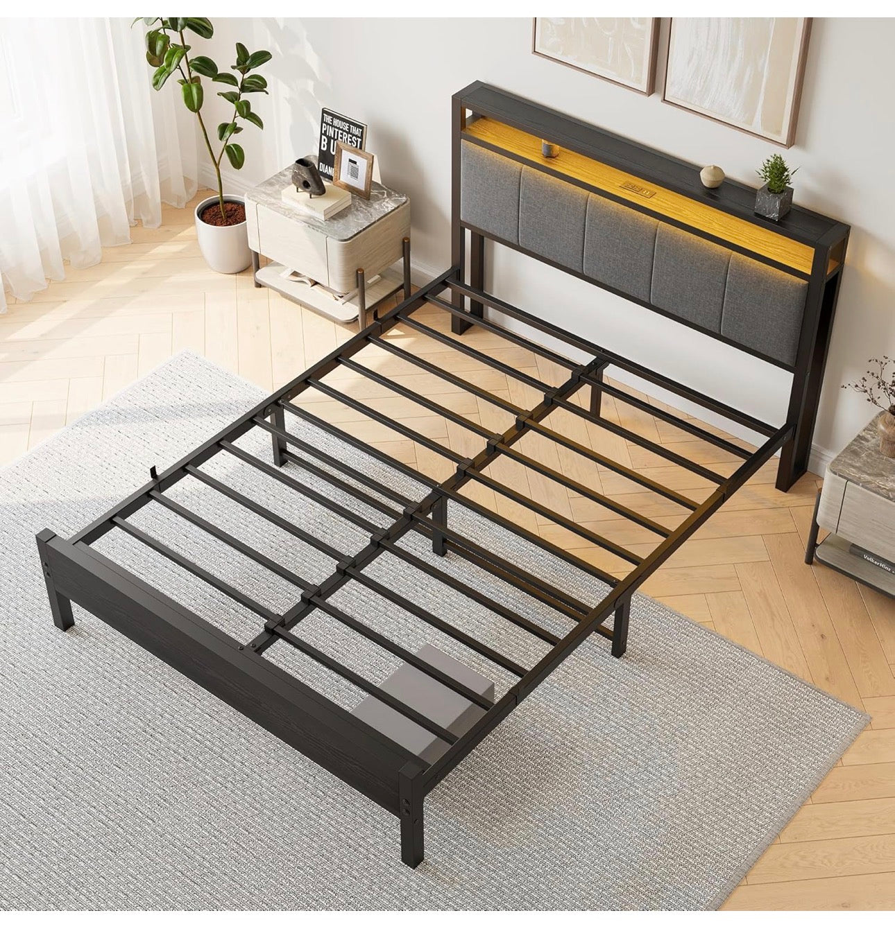 5FT King Size Bed Frame with LED Lights and Charging Station, Heavy Duty Metal Platform Upholstered King Bed frame with Storage Fabric Headboard,Metal Slats Support,Mattress Foundation (Black)