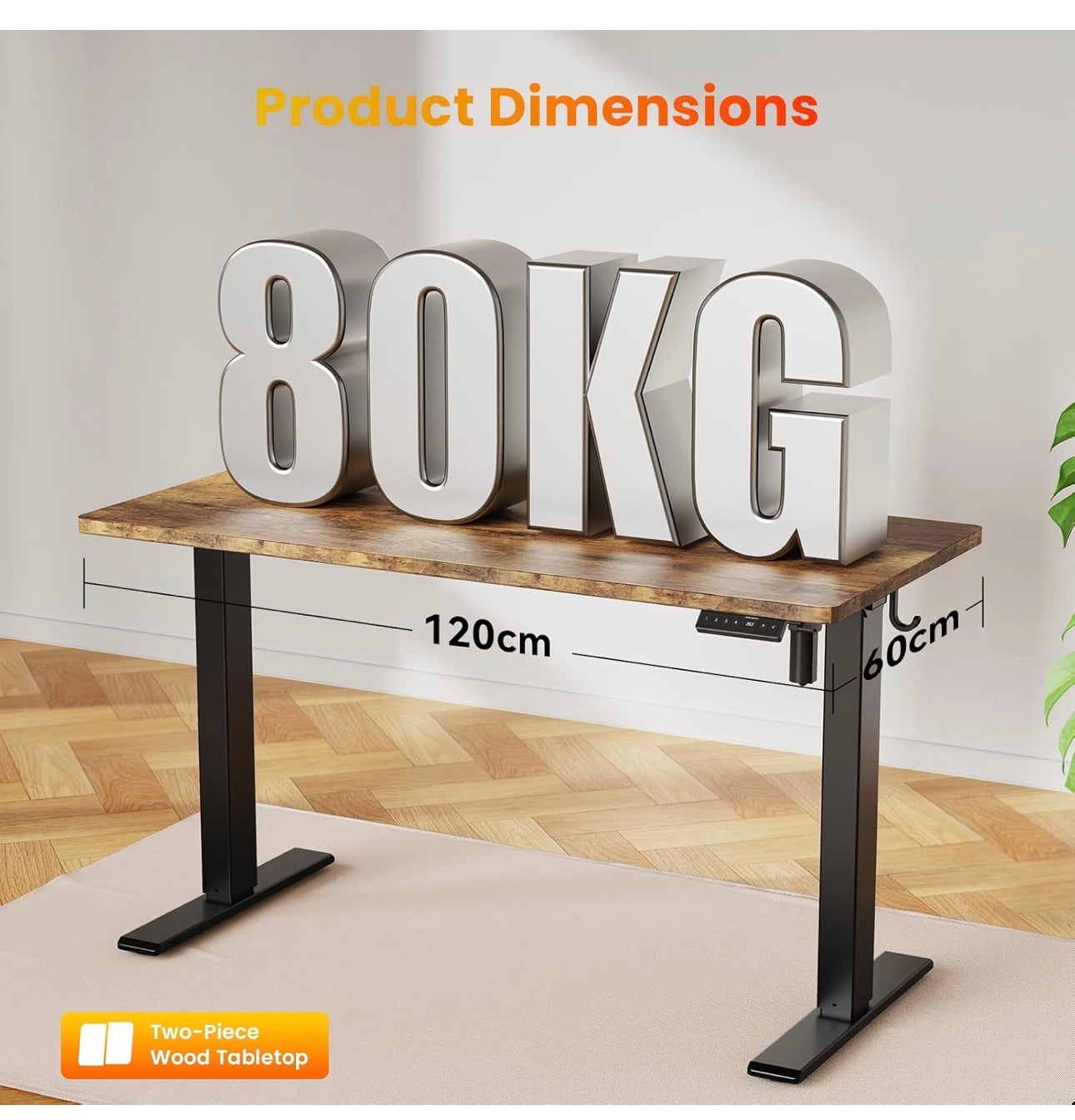 120 x 60 cm Standing Desk, Electric Height Adjustable Desk with 2 Hooks
