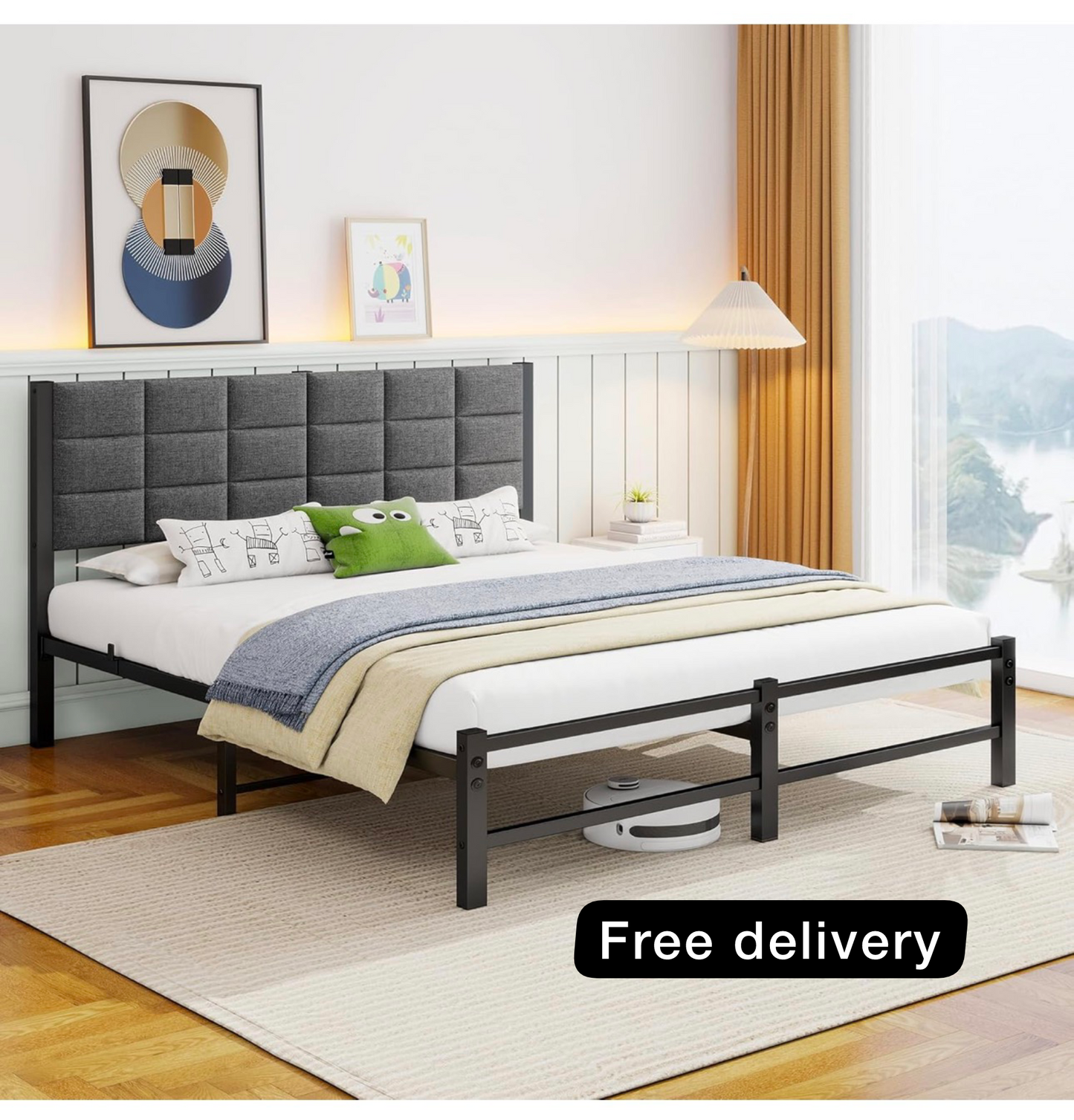 5ft King Size Bed Frame with Headboard,Metal Bed Frame Kingsize Bed Upholstered Platform Bed with Steel Slat Support,No Box Spring Needed,Easy Assembly,Noise Free,Grey Linen