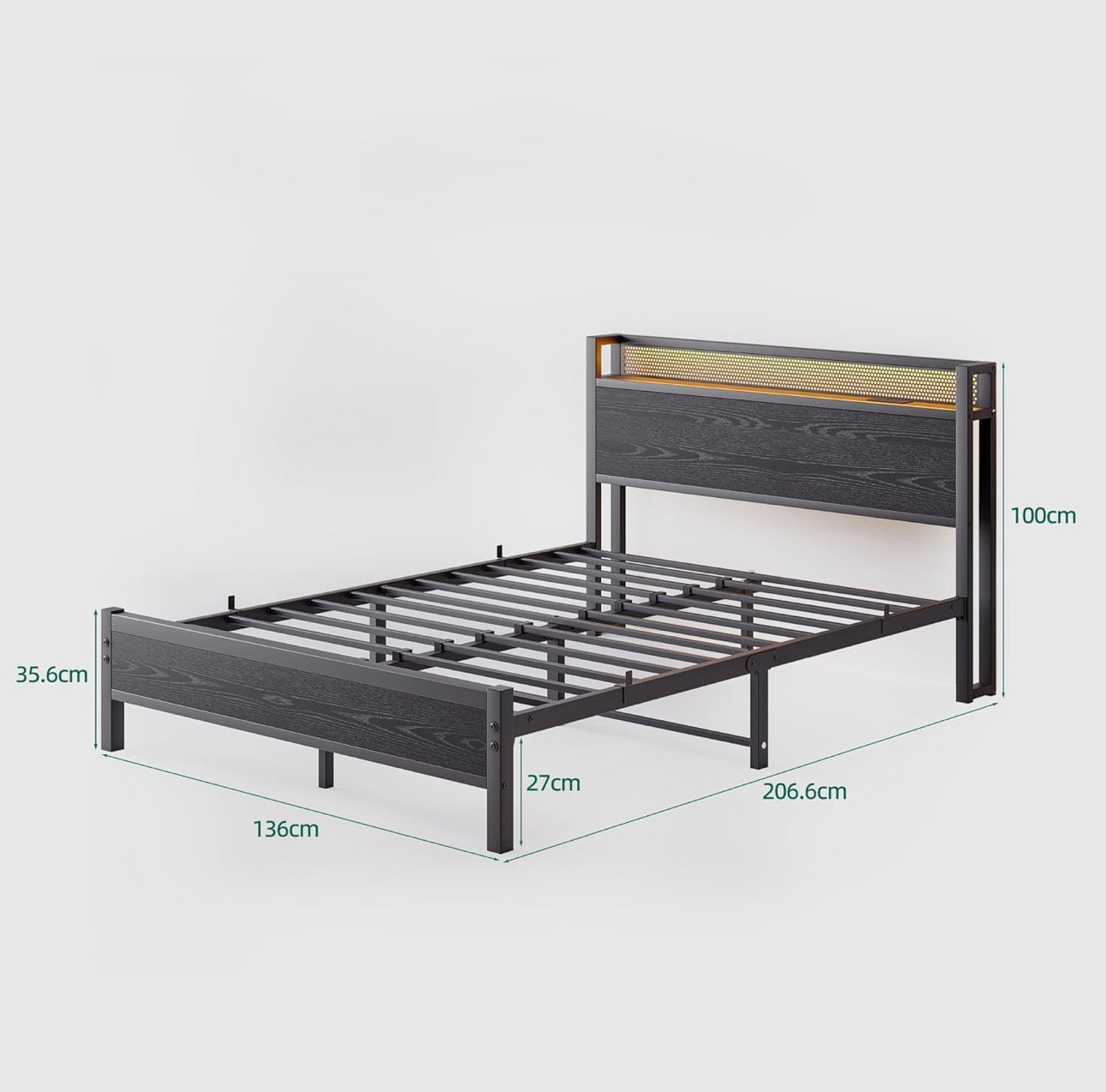 Double Bed Frame with LED Lights Storage Headboard,4ft6 Metal Bed Frame Double Bed with Charging Station