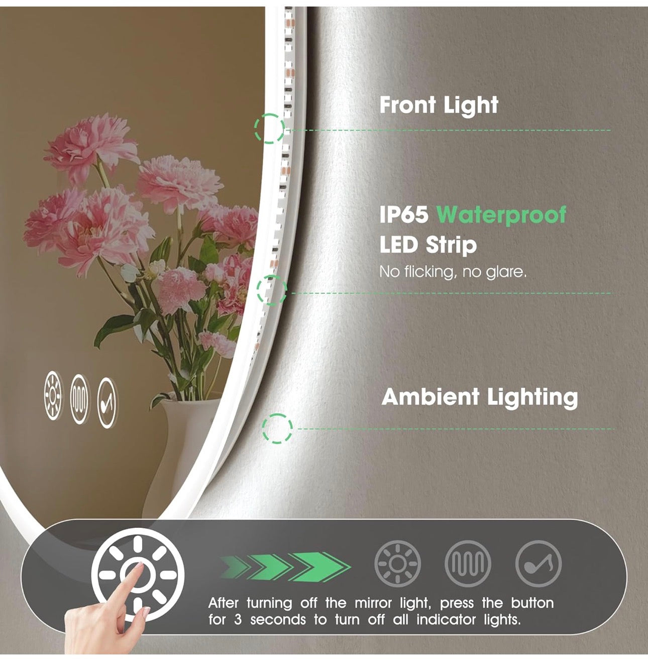 Oval Bluetooth Bathroom Mirror with LED Lights 500x800mm, Anti-Fog, LED Bathroom Mirror with Memory, 3000K-6500K, Dimmable, HD Tempered Glass, IP44 Waterproof, Horizontal or Vertical