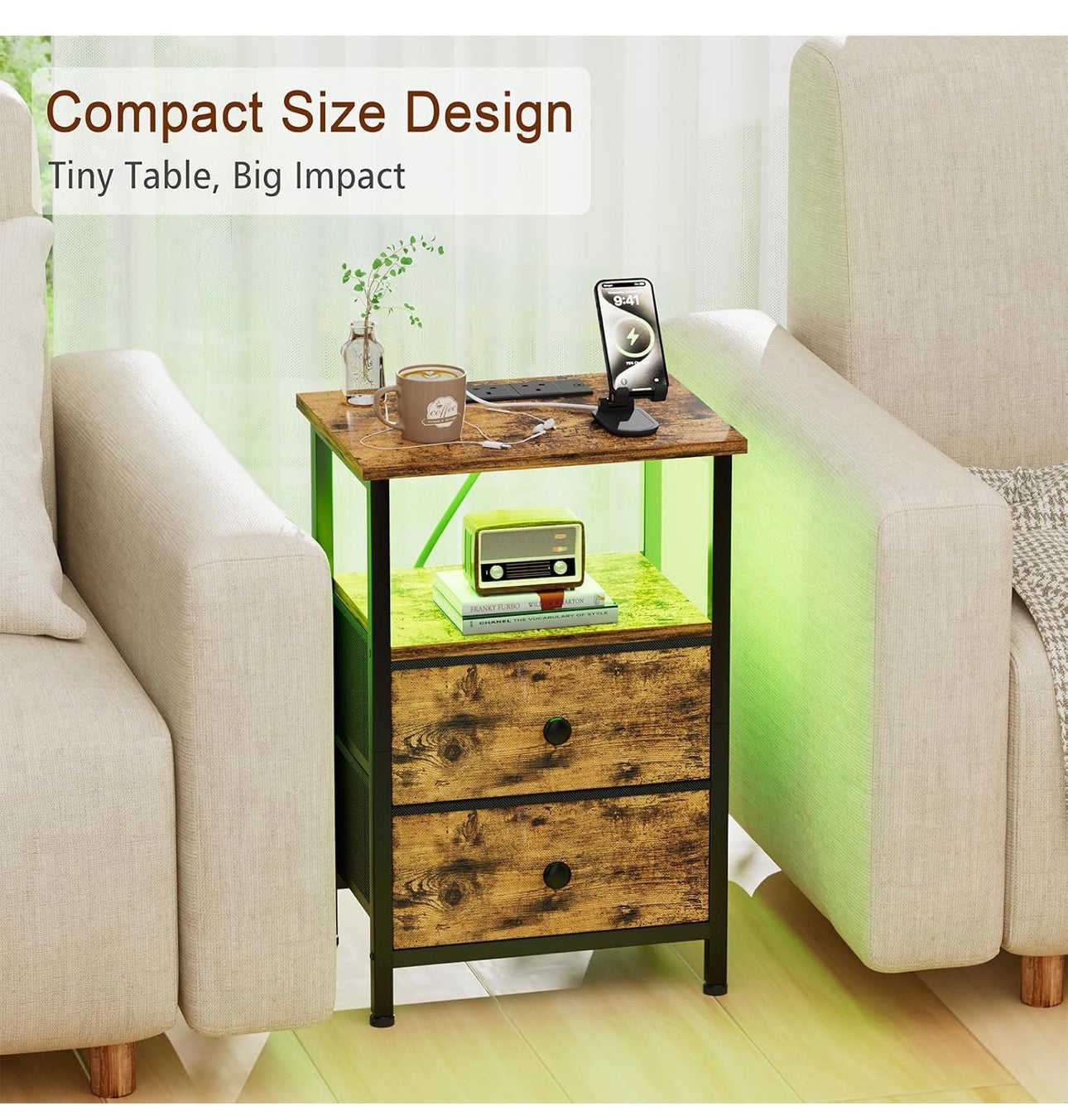 Bedside Tables Set of 2, Side Table with Charging Station
Bed Side Tables with LED Light, Nightstand with 2 Fabric Drawers and Open Storage Shelf, Bedside Cabinets for Bedroom, Brown