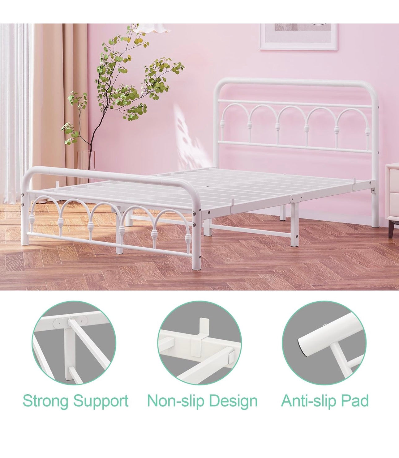 4ft6 Double Bed Frame with High Headboard and Footboard,Vintage Platform Bed Double