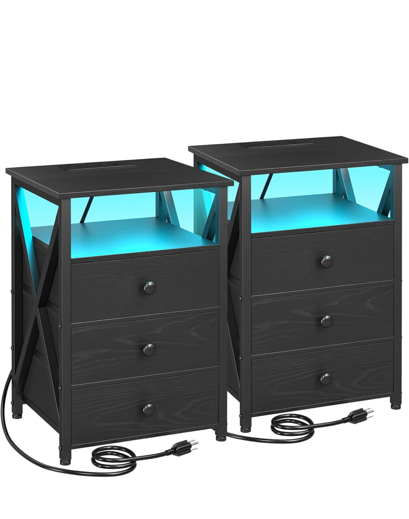 Bedside Table Set of 2 with Charging Station Black