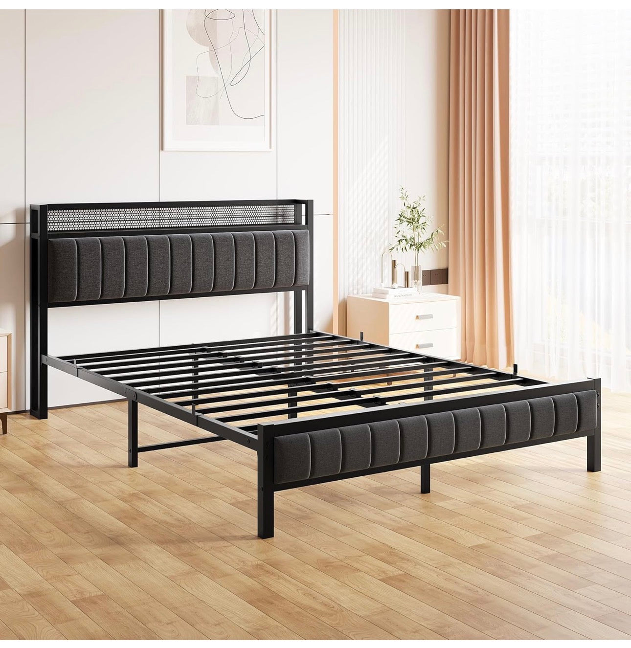 King Size Bed Frame with Storage Upholstered Headboard Shelf,5ft