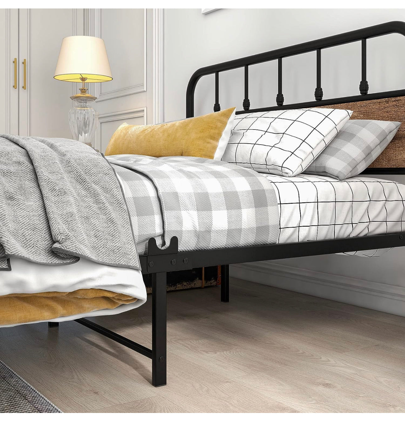 Double Size Metal Bed Frame with Wood Headboard
