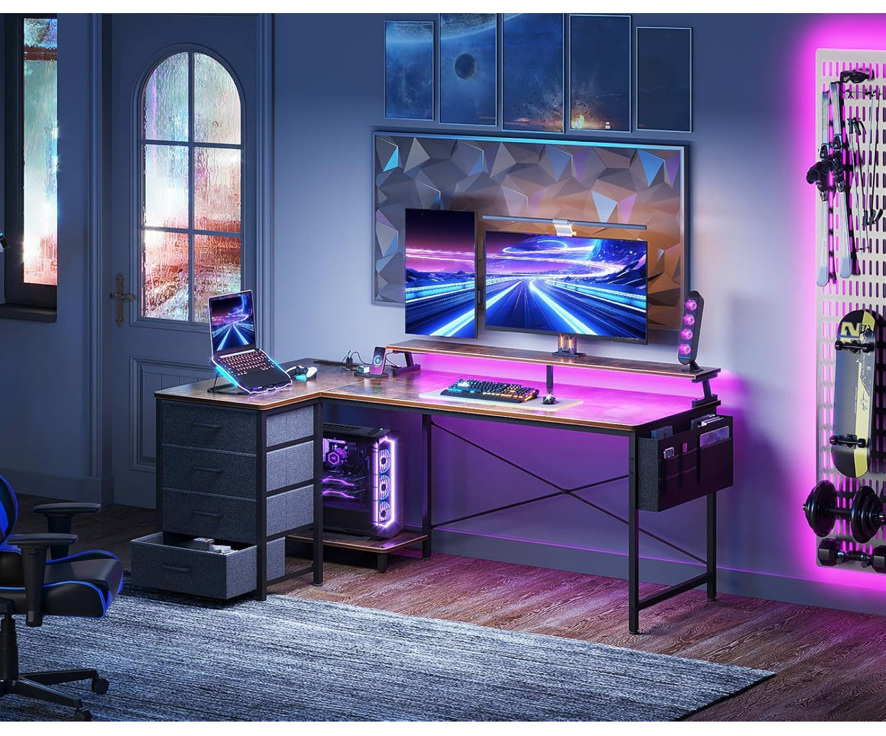 L Shaped Gaming Desk with LED Lights & Power Outlet