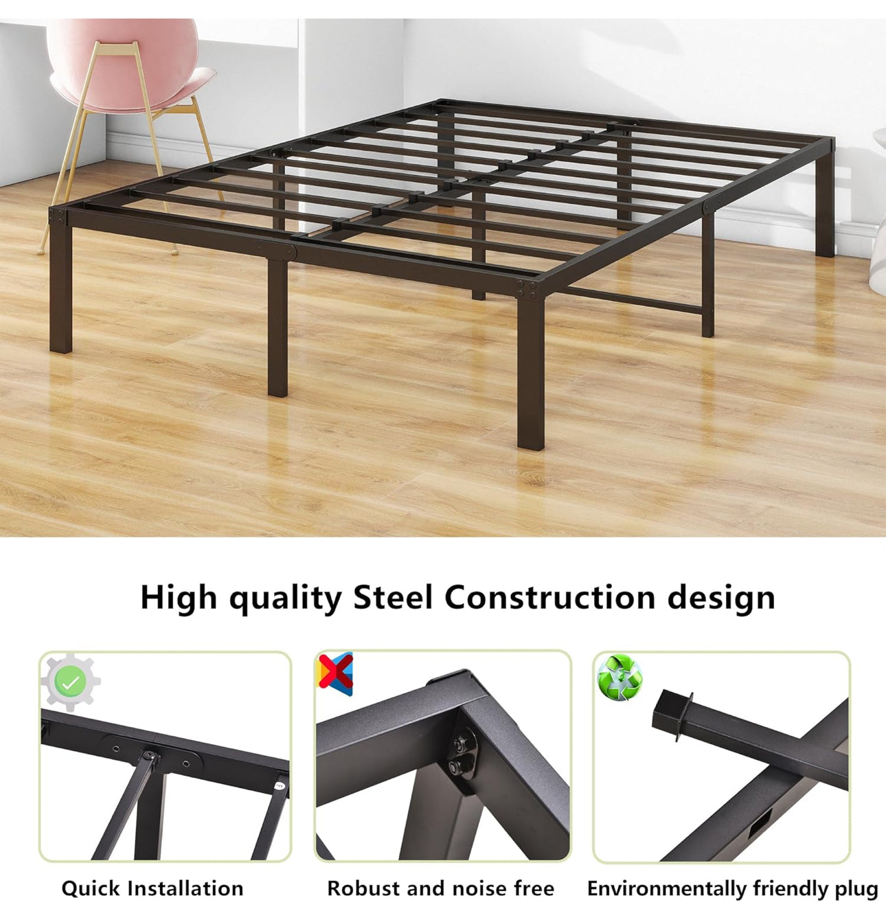 4ft6 Double Bed Frames, 36cm High Metal Platform