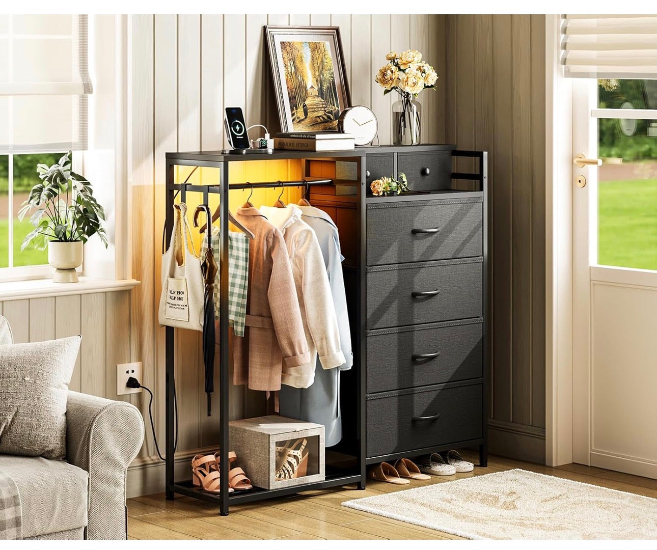 Chest of Drawers Bedroom with Hanging Rail, Built-in LED Lighting and Power Socket