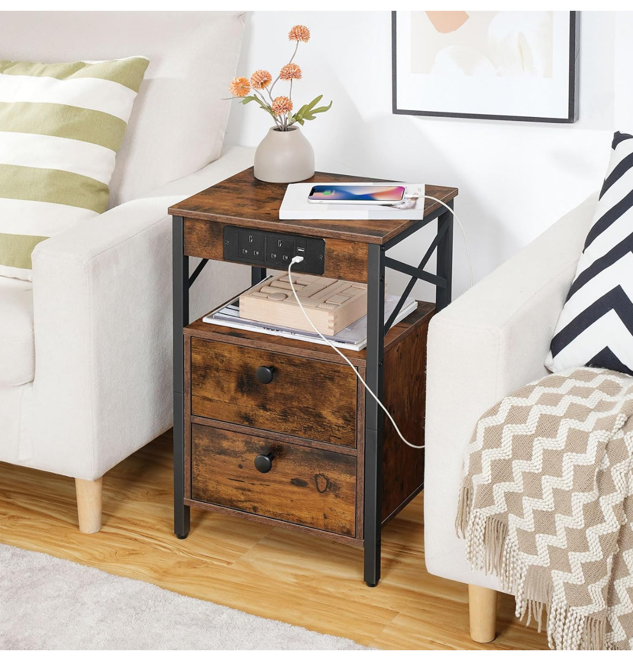 2 Bedside Table with Charging Station