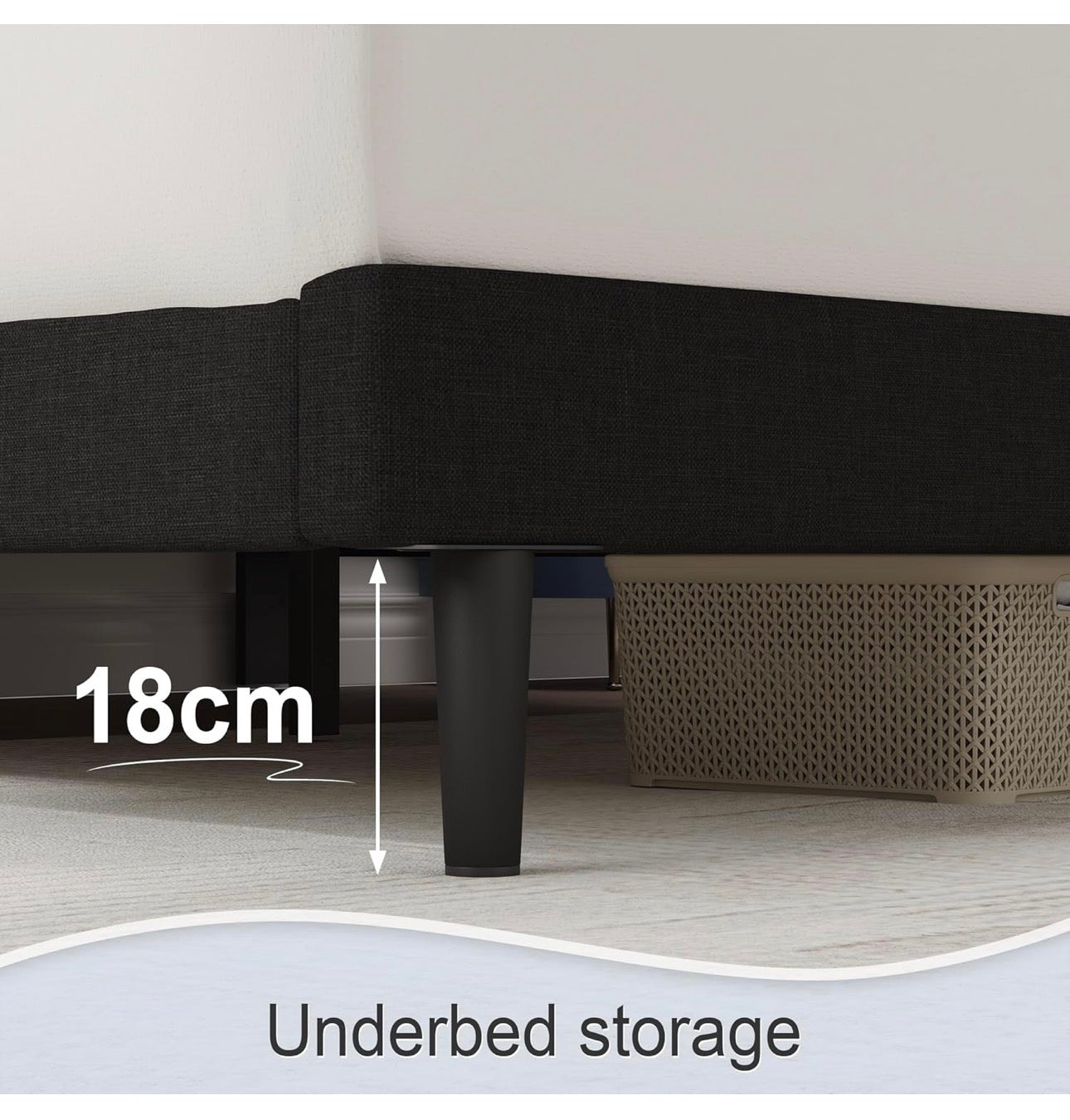 King Bed Frame, Black, Upholstered Wooden Slat Bed Frame with Headboard, Easy Assembly, Underbed Storage, No Box Spring Needed 150×200