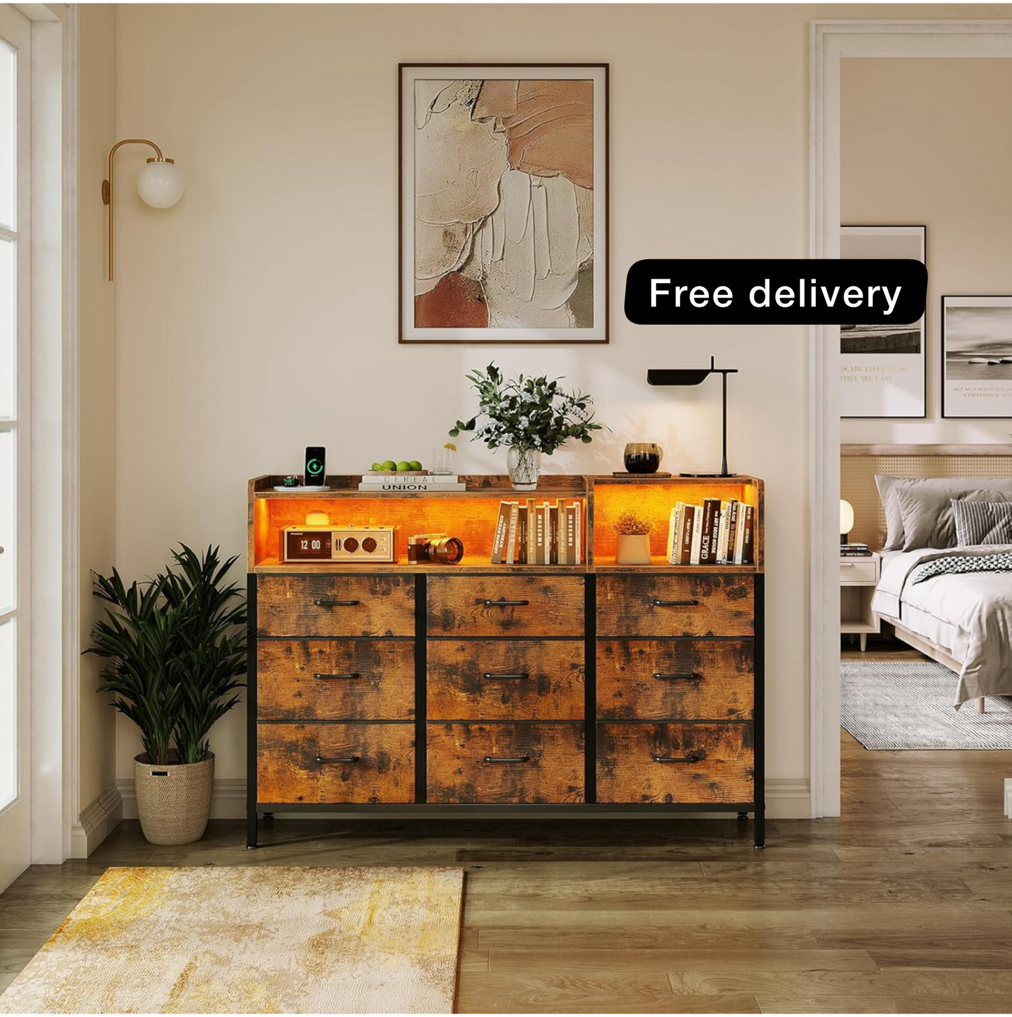 Chest of Drawers Bedroom, Dresser Cabinet with 2 Sockets,