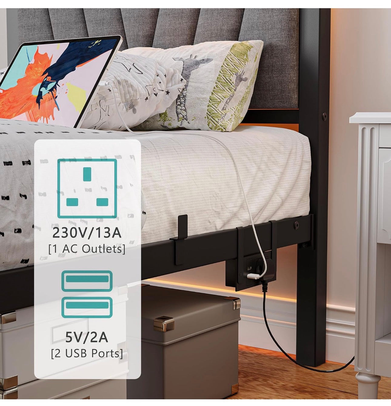 Bed frame with Headboard and USB Charging Station,Heavy Duty Bed Single Size with LED Lights