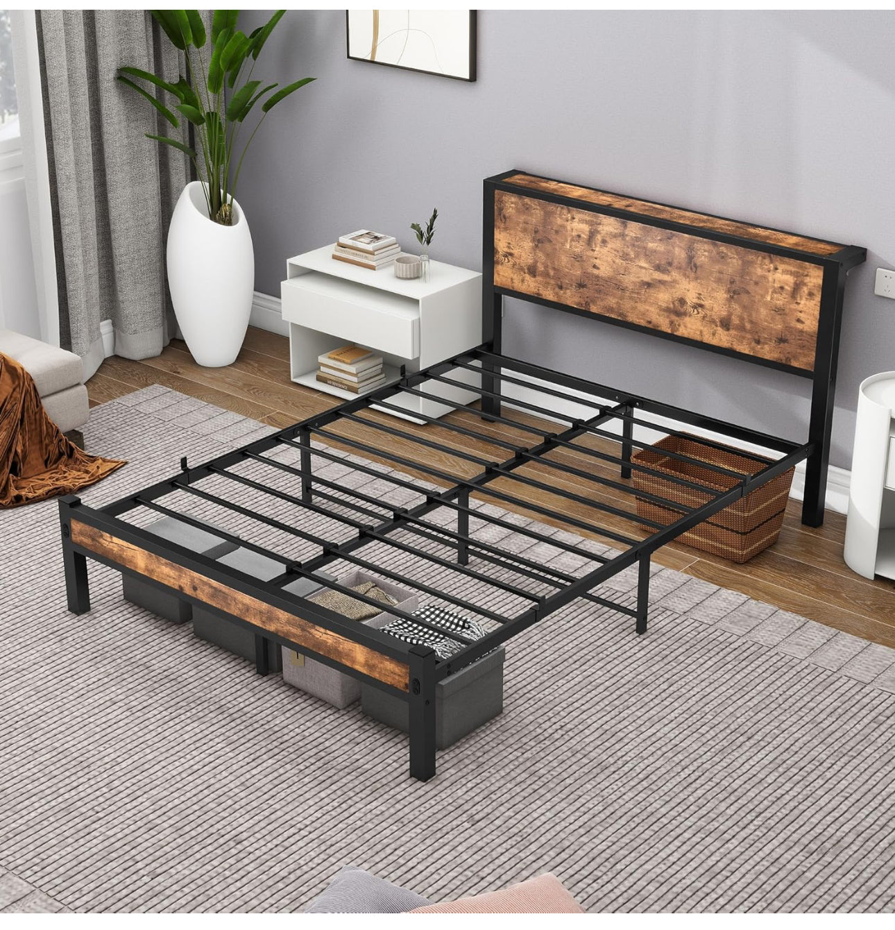 Double Bed Frame with Wooden Storage Shelf Headboa