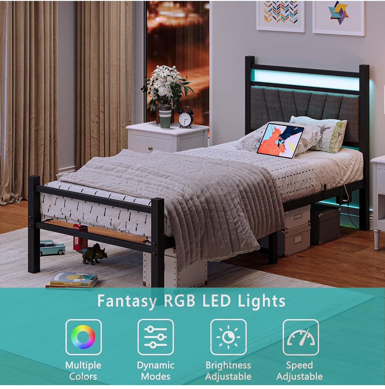 3FT Single Bed Frame, Metal Platform Upholstered Bed frame with Headboard and USB Charging