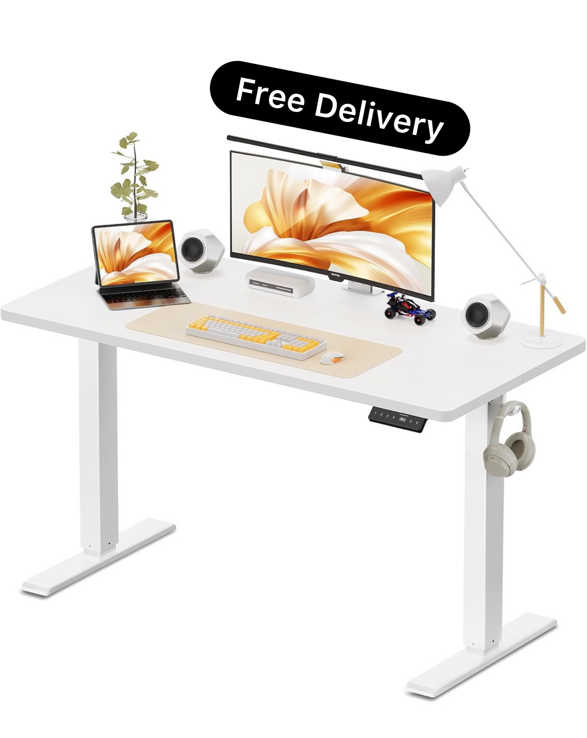 Electric Standing Desk, 120 x 60 cm, White
Height Adjustable Desk, 2 Hooks, 4 Memory Heights, 72-118cm, Splice Board, Ergonomic Sit Stand Computer Desk for Home Office