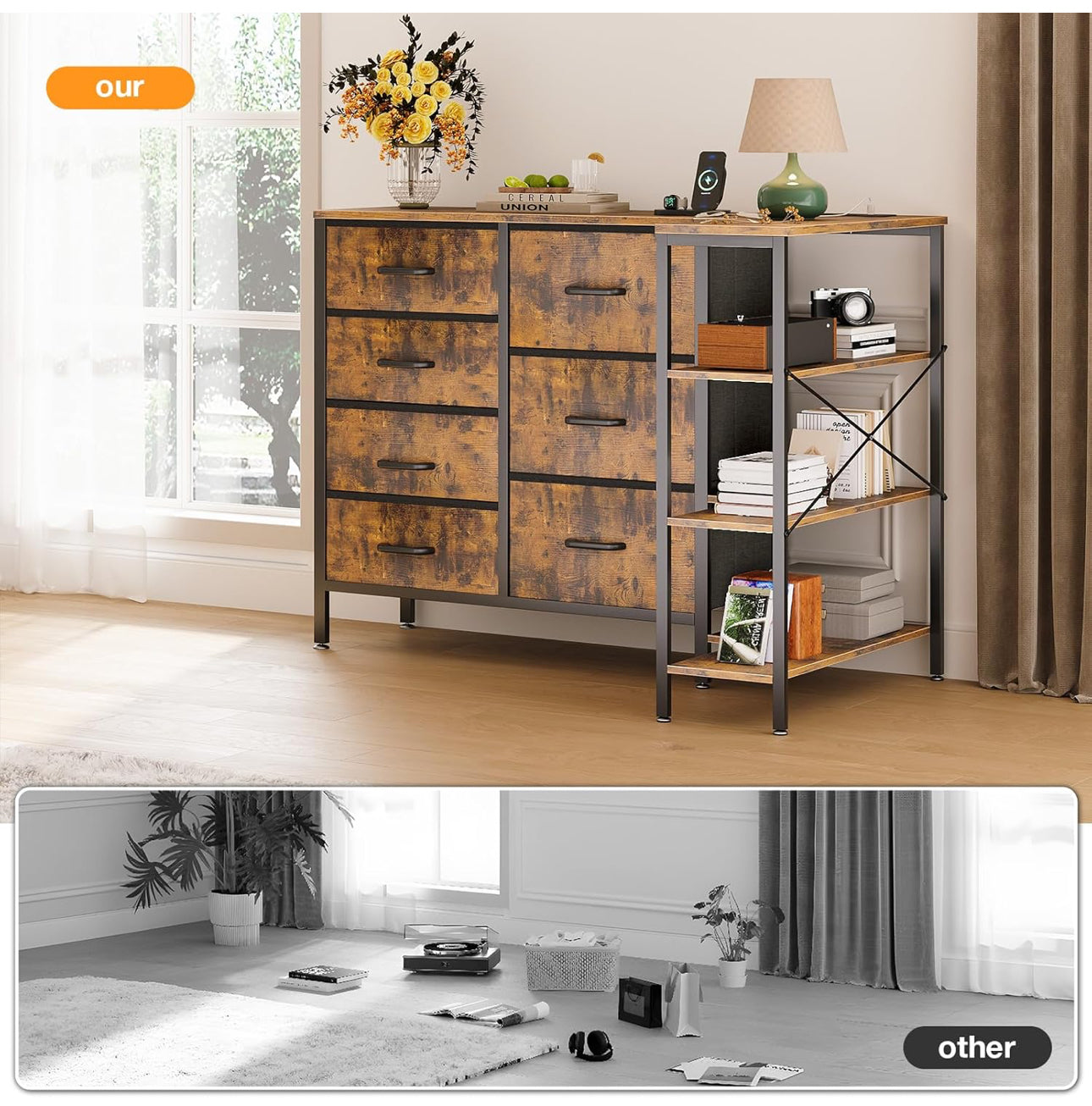 Corner Chest of Drawers Bedroom, Storage Dresser with 7 Fabric Drawers - 2 USB and 2 AC Outlets and LED,