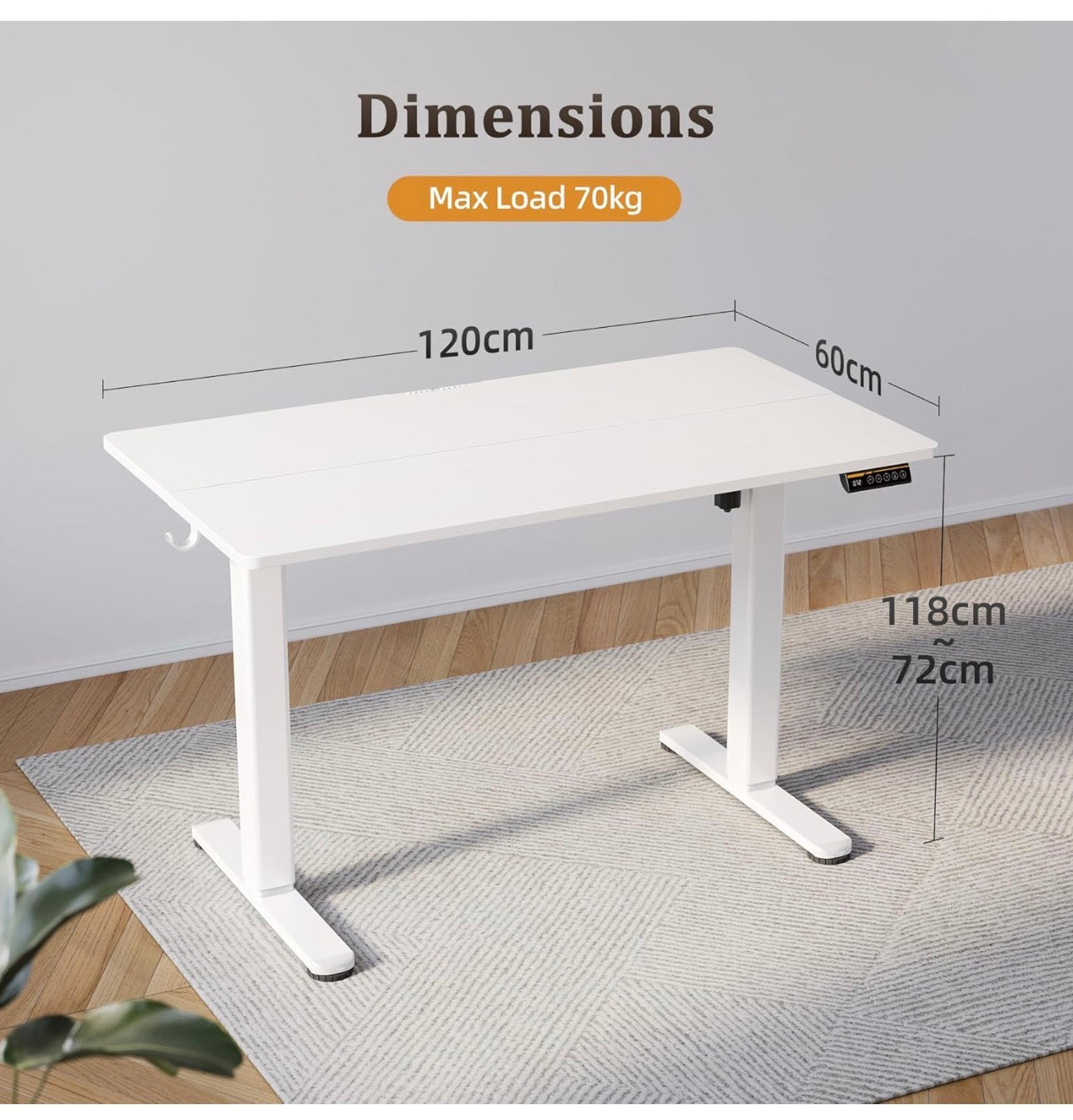 Electric Standing Desk 120 x 60cm, Height Adjustable Sit Stand Desk with 3 Memory Presets, Home Office Desk with Anti-Collision System, Quiet Motor, 2 Hooks, White