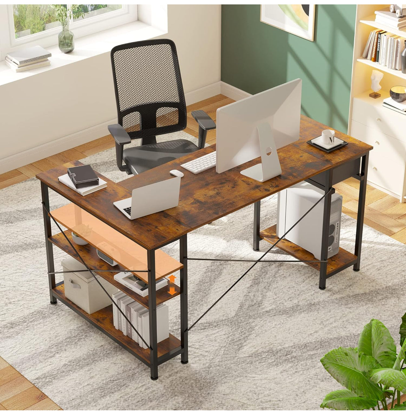L Shaped Desk with Storage Shelves 56.7"