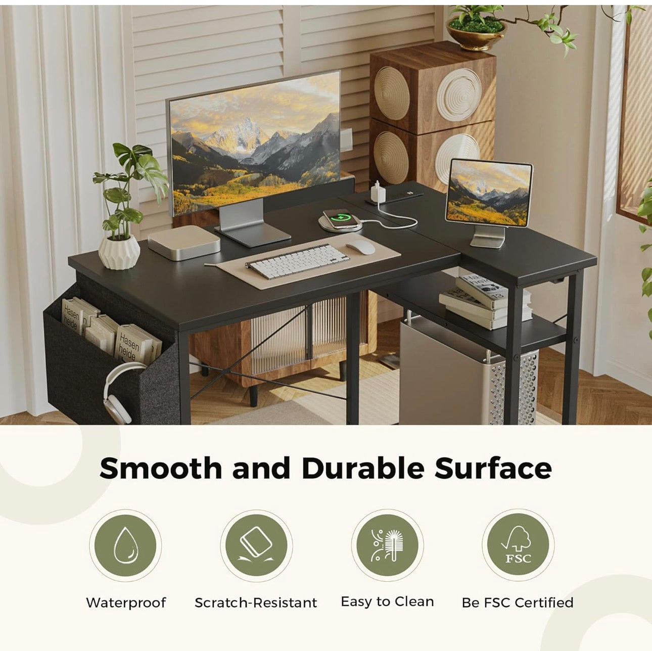 L Shaped Desk with Power Outlets,100 cm L Computer Corner Desks with Reversible Shelves