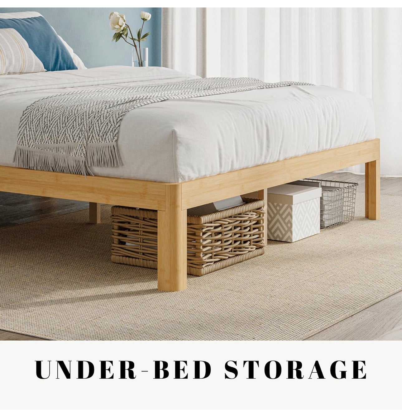 Bamboo Wood King Size Bed Frame with Metal Slats